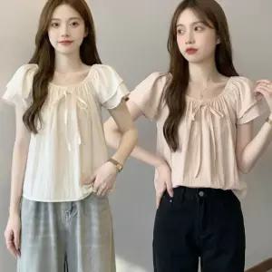 여성 밴딩 넥라인 리본 듀얼 소매 반팔 블라우스 URK-555
