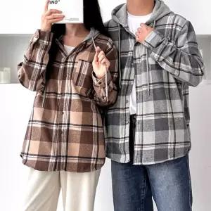 남녀공용 커플 데일리 심플 겨울 셔츠 부드러운 체크 기모후드 남방