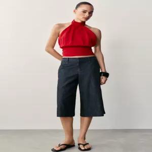 ZARA 배색 스티치 롱 버뮤다 팬츠 - 블루 7930/736/400