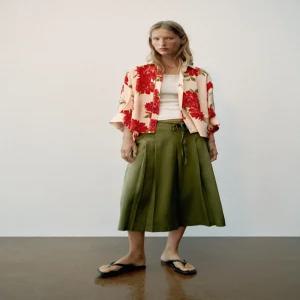 ZARA 비즈 벨트 롱 버뮤다 팬츠 - 카키 7758/394/505