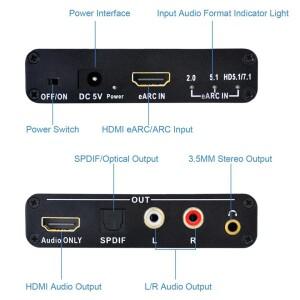 호환 192Khz HDMI eARC 오디오 추출기 to RCA 변환기 DTS Dolby Atoms AC3 LPCM Fiber용 디지털-아날로그