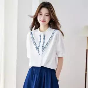 M1 여성 면 여름 루즈핏 셔츠 프렌치 자수 반팔 상의 예쁜 블라우스 JEN2