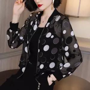 더벨러리 여성 라운드넥 도트 쉬폰 자켓 BCJ6011 긴팔 바람막이 아우터