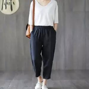 면 혼방 배기 팬츠 여성용 여름 밴딩 허리 편안한 핏 캐주얼 데일리 긴바지 통풍
