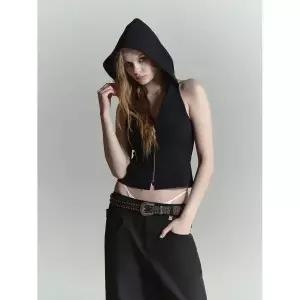 HALF DEVIL US 홀터넥 후드 집업 베스트_블랙 2384672