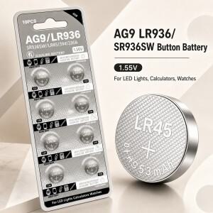 알칼라인 버튼 셀 배터리 AG9 1.55V 53mAh LR936 SR936SW LR45 시계 계산기 LED 라이트 호환 여러 팩 옵션