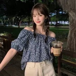 블라우스 오프숄더 잔꽃무늬 여성 홈웨어 휴양지룩 셔츠 여성 블라우스 카라