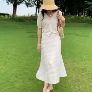 여름 반팔 브이넥 가디건 롱스커트 투피스 셋업 세트