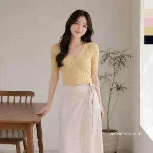 CPP 5005 여자 브이넥 골지 슬림 크롭 니트 반팔 가디건