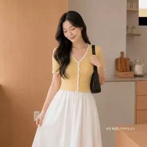 CPP 5008 여자 브이넥 배색 골지 크롭 반팔 니트 가디건