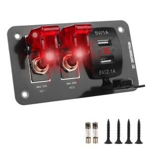 레이싱 자동차 차량용 전압계가 있는 범용 20A 퓨즈 2 로커 토글 스위치 패널 12V/24V 듀얼 USB 충전기 LED