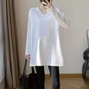 여성 롱브이넥 슬림핏 이너 레이어드 힙덮는 기모 루즈핏 데일리룩 티셔츠