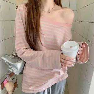 여성 여리핏 박시핏 청순 투웨이 오프숄더 스트라이프 스타일 티셔츠