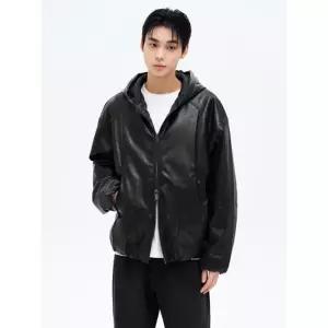 에잇세컨즈 페이크 레더 후드 패딩 점퍼 블랙 4704068