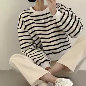 세미크롭 맨투맨 여성 2컬러 스트라이프 긴팔 티셔츠