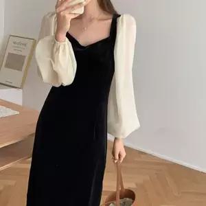 (올핀)여성 모던 브이넥 롱원피스 시스루 벨벳 1컬러