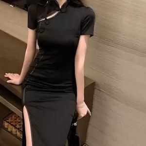 (올핀)고급 블랙 차이나카라 반팔 롱원피스 치파오