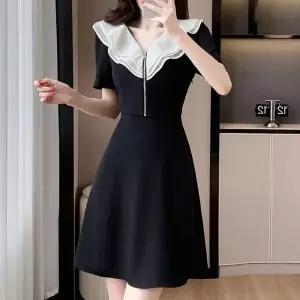 프릴 카라넥 이무 앞지퍼 검정 미니 원피스 배색 여성