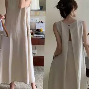 (다올)린넨 롱원피스 A라인핏 뒷 U넥 트임 구김 적은 여름원피스