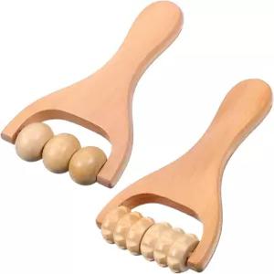 헤코지럽 2Pcs 나무 마사지 롤러 핸드헬드 비드 도구 다리용 발 근육 스틱
