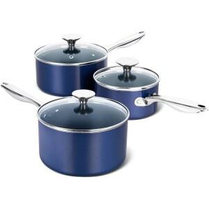 MICHELANGELO 소스팬 세트 뚜껑이 있는 세라믹 1QT & 2QT 3QT 뚜껑 포함 논스틱 스테인리스 손잡이가 달린 작은 냄비 오븐 사용 가능 파란색