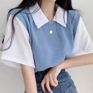 반팔 니트 코디 청바지 티 레이어드 셔츠 여름 페이크