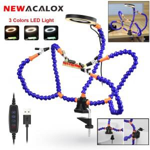 NEWACALOX 테이블 클램프 납땜 보조기 3X USB 확대경 LED 라이트 5개의 유연한 팔 PCB 홀더 용접 수리 도구