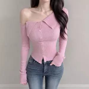 빅카라 크롭 골지 언발 오프숄더 긴팔 티셔츠
