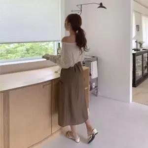 [하프클럽/]여성 일상용 뒷밴드 스트랩 A라인 롱치마