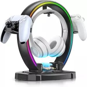9가지 조명 모드가 있는 KDD RGB 헤드폰 및 컨트롤러 스탠드 - 책상용 접이식 행거 케이블 정리함이 이어폰