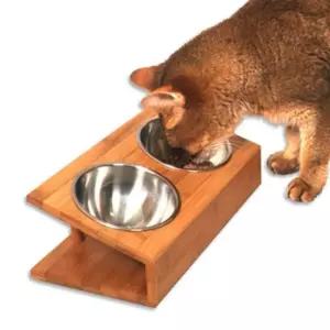 고양이 원목 대나무 각도 쌍식기 식탁 1P 경사 논슬립형반려묘 견더블 튼튼한 논애 반려 스테인리스 분리가