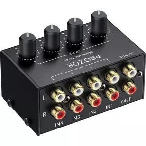 PROZOR 4채널 스테레오 오디오 믹서 RCA 입력 독립 볼륨 조절 가능 기능이 있는 입출력 풀 메탈 케이스 DJ