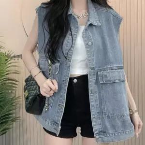 오버빗 날씬 워싱 청 조끼 데일리 카라 베스트 데님