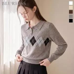 [블루레이스] 아가일 반오픈 카라 긴팔 니트_B6F1KT2181