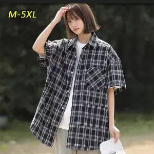 여자 루즈핏 체크 셔츠 빅사이즈 칠부 소매 블라우스 여름 가을 남방 M-5XL