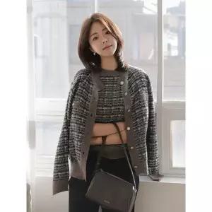 [하프클럽/]프랑 진주 트위드 빅사이즈 반팔 니트 가디건 셋트 셋업 하객 모