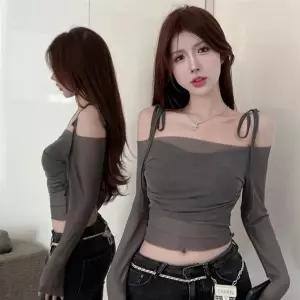 딥숄볼륨티 오프숄더 리본 여름 셔링 긴팔 크롭 무지 니트 티숙 루즈핏 나