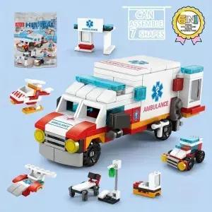 122pcs 6 in 1 구급차 에스코트 자동차 헬리콥터 구급대원 미니 로더 트럭 빌딩 블록 세트 벽돌 도시