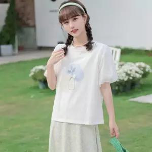 2컬러 여름 꽃 레이스 소매 퍼프 반팔티셔츠