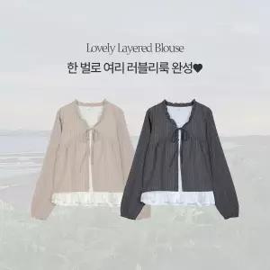 핫핑 [가을추천][청순여리] 데니츠_긴팔ver 링클 자수 팬던트 프릴 페플럼 일체형 블라우스 (44~100)