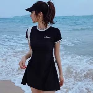 스포티 카라 배색 반팔 스커트 투피스 수영복