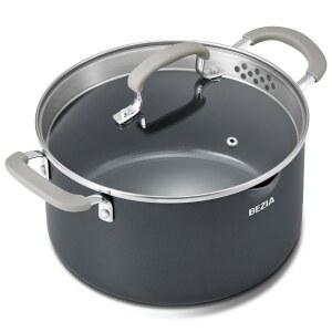 BEZIA 6쿼트 세라믹 논스틱 기본 냄비 및 PFAS 오븐 가능 냄비로 수프 COOL 뚜껑 실리콘 STAY 스튜에 무함유 파스타 용 거르기 조리 거름망 인덕션 쉽고 주둥이 칠리 사용 손잡이로 가능하며