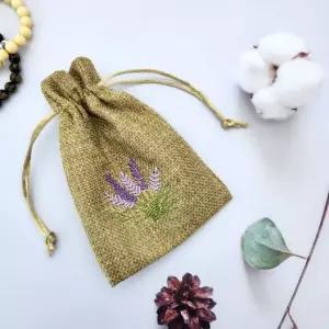 라벤더 자수 파우치 10x14cm 린넨 베이지