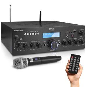 PYLE 무선 마이크 전력 증폭기 시스템 - 200W 듀얼 채널 사운드 오디오 스테레오 노래방 스피커 수신기 USB AUX 포함 에코 라디오 포함홈 시어터는 RCA를 통해 스튜디오에서는 PDA8BUWM.5를 사용하세요