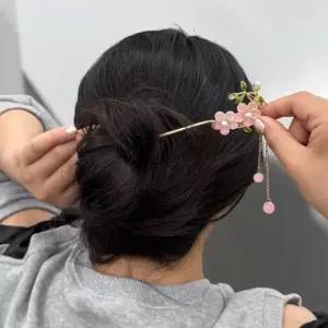 핑크꽃 진주알 한복 비녀 은비녀 머리장식 전통 헤어코사지