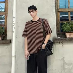 남자 스타 크렉 프린팅 스트라이프 오버핏 반팔