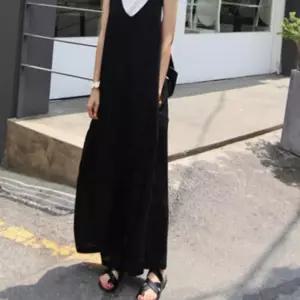 (다올)여성 U넥 올블랙 데일리 점프수트 소프트 와이드팬츠