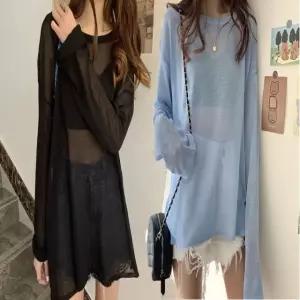 여성 시스루 루즈핏 라운드넥 여름 긴팔 티셔츠 블랙