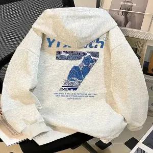 후드 티 가을 겨울 풀오버 맨투맨 미국식 웨이브 숫자 7 프린트 후드티 인스타 감성 커플룩 가을겨울용 고