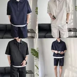 남자 여름철 투피스 트레이닝 세트 반소매 후드 티셔츠 하프팬츠 조거 운동복